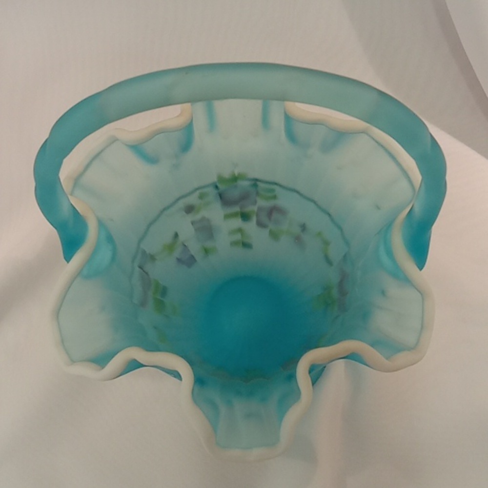 Fenton Basket Light Blue Handpainted Flowers Signed By Artist - Picture 3 of 8